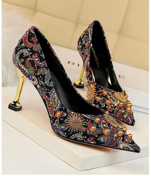 

retro european and american style stiletto shallow mouth pointed flower satin rhinestone metal decoration single shoes, Black