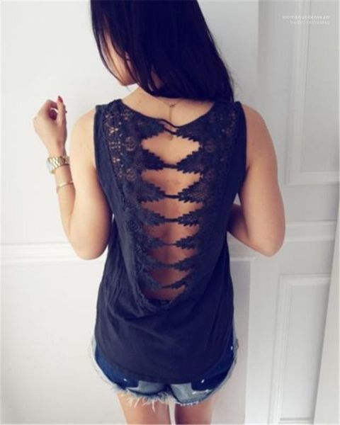 

solid summer cloth fashion piping casual tees hollow out lace back woman tshirt designer sleeveless, White