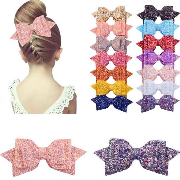 

american style 5inch childrens ins 14 colors swallow tail bow princess hair clips girls pretty sequined pu leather hairpins, Slivery;white