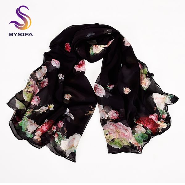 

bysifa] black roses silk scarf shawl women spring autumn floral design long scarves 2018 new brand 100% scarf foulard 180*110cm
