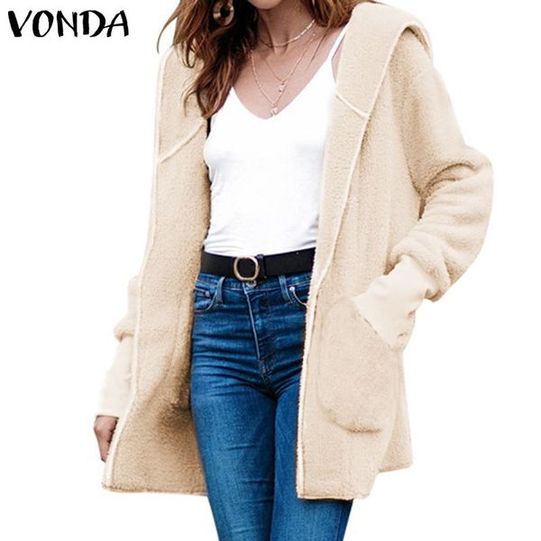 

vonda new arrival women faux fur hooded jackets 2019 casual fuzzy coats winter outwear cardigans autumn streetwear plus size, Black;brown