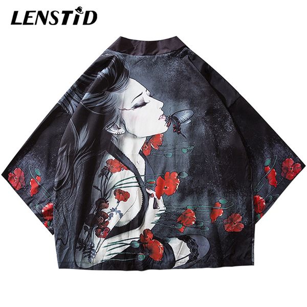 

lenstid japanese ukiyo-e floral girl print thin kimono jacket hip hop mens streetwear 2020 summer jackets harajuku clothing, Black;brown