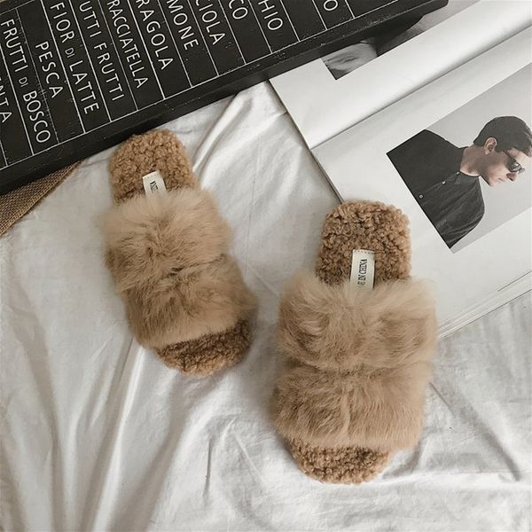 

double fur band flat slippers women autumn winter furry flip flops female cozy slip on shoes girls outside comfort slides ladies, Black