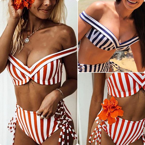 

2019 women's stripe high waist slim 2019 women's swimsuit bikini stripe high waist slim swimsuit bikini, White;black