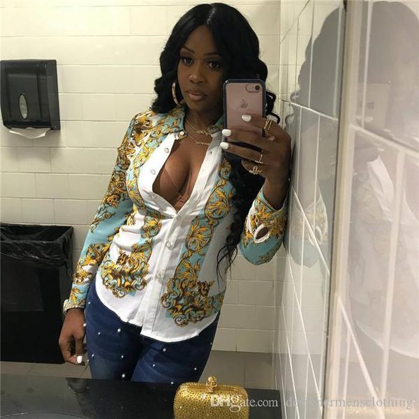 

womens lapel neck single breasted fashion shirt geometric printed joker temperament women shirts girl favorite female clothing, White