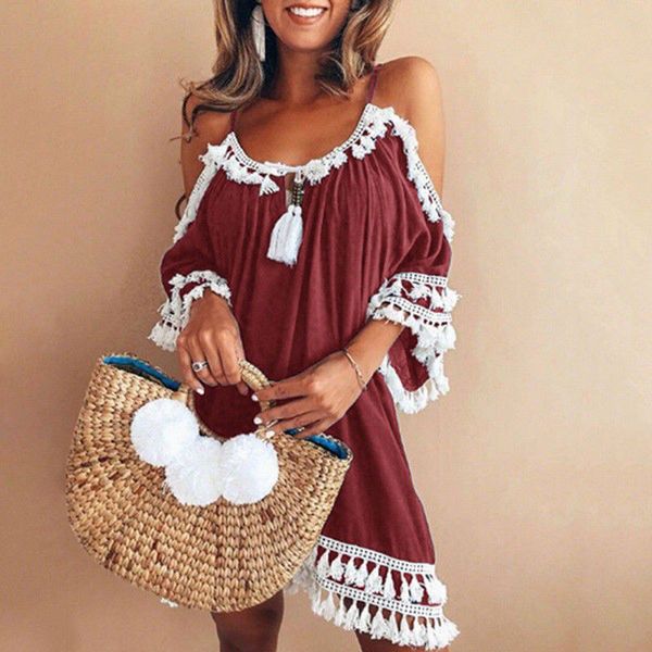 

women boho short summer dress bare shoulder tassel evening party beach short sleeve dresses ladies holiday lace patchwork dress, Black;gray