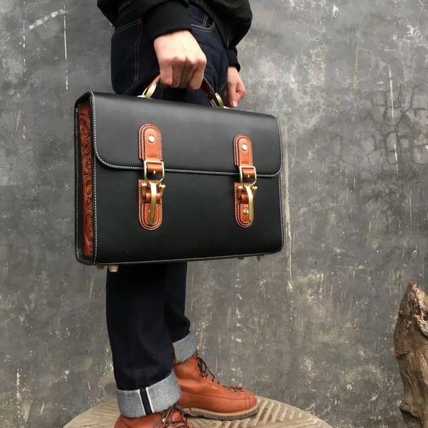 

handmade arabesque pattern commercial leather vintage bag men business bag briefcase message handbag hh-1