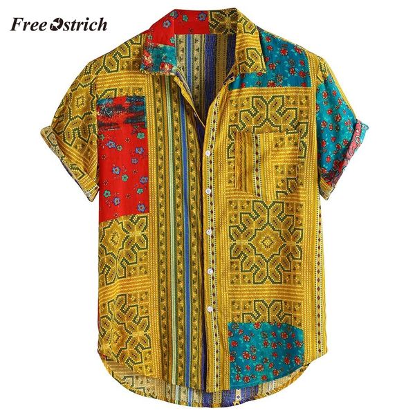 

ostrich shirts men's vintage ethnic printed shirt urn down collar short sleeve loose casual shirts 91128, White;black