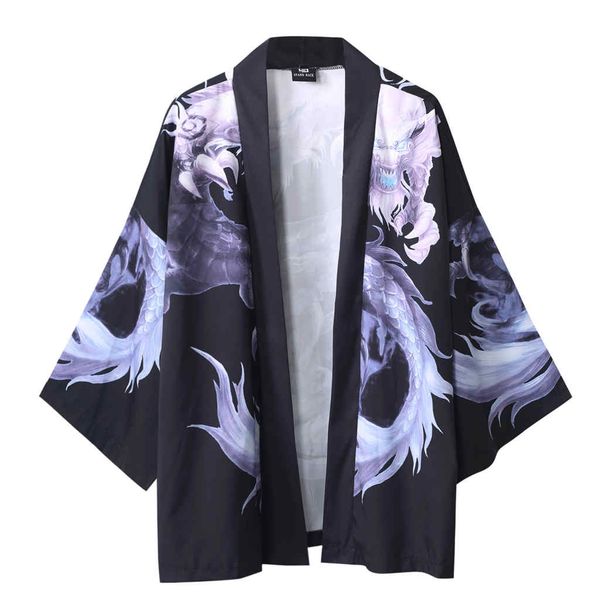 

printed kimono cardigan shirt men street japanese style printed loose shirt five point sleeves harujuku blouse women chemise top, White;black