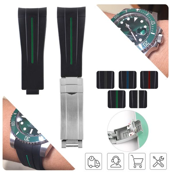 

adjustable glide lock 20mm9mm soft silicone rubber watchband durable stainless steel for submarine men for gmt bracelet man blac2564801, Black;brown