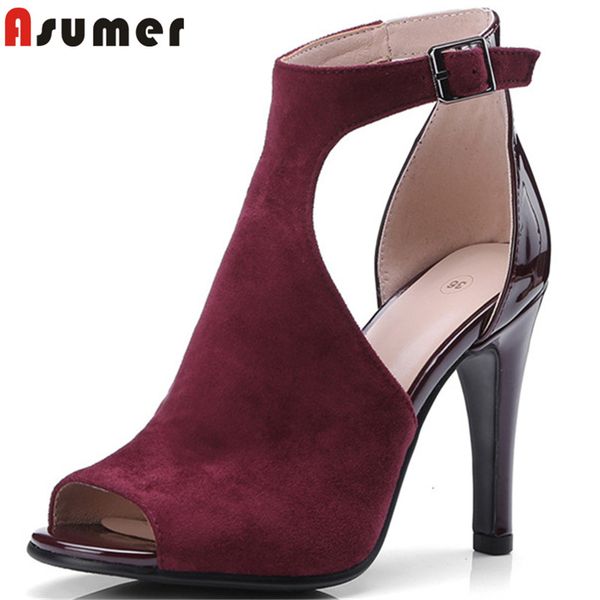 

asumer 2020 new arrival women sandals flock peep toe summer thin high heels party wedding sandals buckle fashion shoes woman, Black