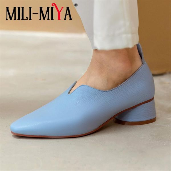 

mili-miya casual women cow leather pumps round heels slip-on solid color pointed toe office&career shoes for ladies size 34-40, Black