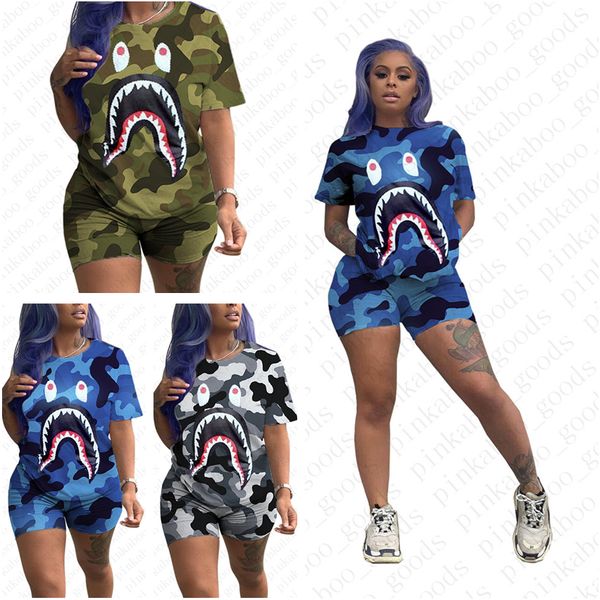

women summer designer camo shorts set shark mouth print short sleeve t-shirt shorts pants two piece outfit luxury sports suit d52509, Gray