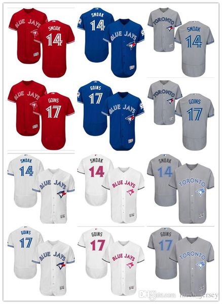 

2018 custom men women youth blue jays jersey #14 justin smoak 17 ryan goins home blue white grey baseball jerseys, Blue;black