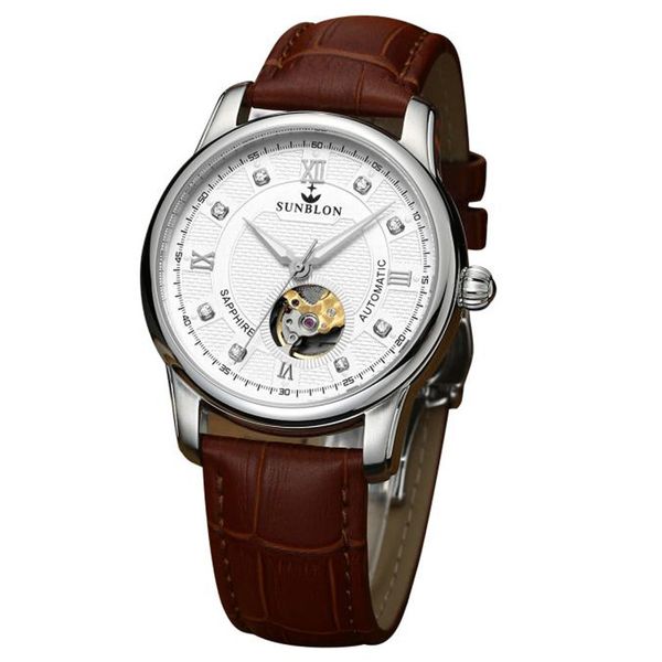 

water resistant men's automatic mechanical watch with leather band, Slivery;brown