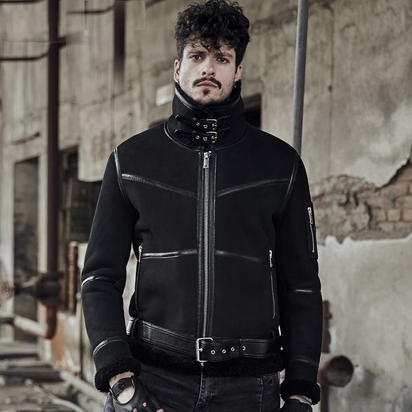 

men's sheepskin shearling jacket motorcycle style flying jacket b3 cool black leather