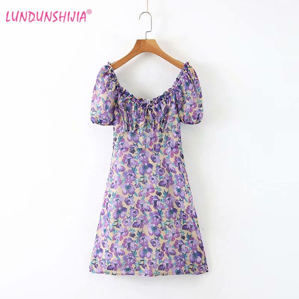 

lundunshijia vintage purple floral spring summer dress women fashion street high waist short sleeve chiffon chic party dresses, Black;gray