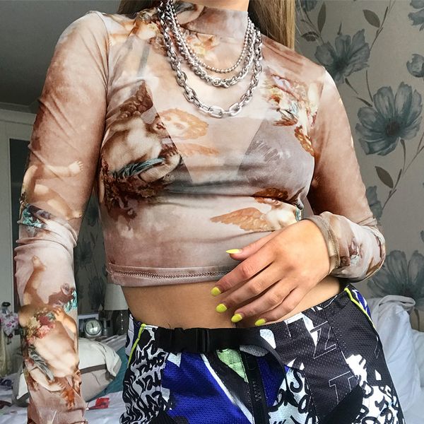 

женская рубашки женщин конструктора рубашки печати обрезается с длинным рукавом футболка женщины sexy mesh животных печати crop top 2019 sum, White