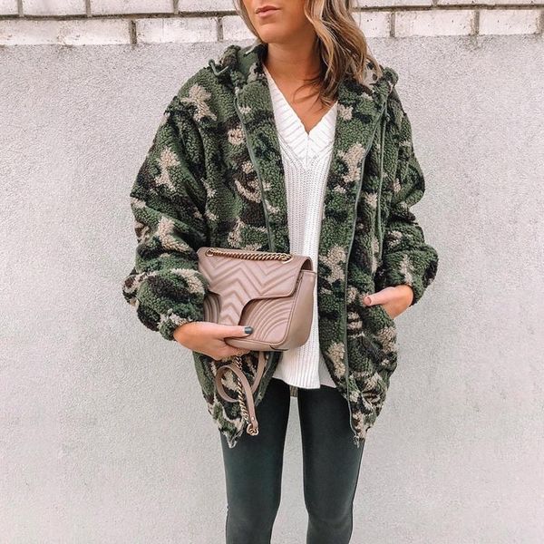 

camouflage womens fleece jacket fashion plus size long sleeve jacket zipper fly teenager casual coats designer, Black;brown