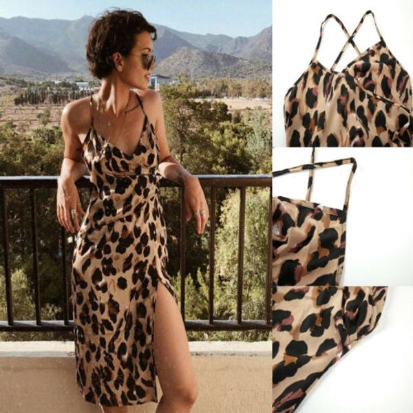 

2019 sleeveless leopard dress women summer long maxi dress evening party lady clubwear casual dresses, Black;gray