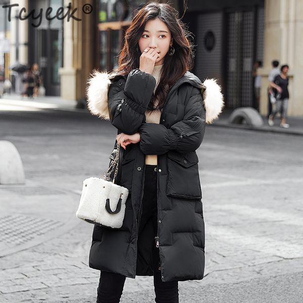 

tcyeek women winter down jacket long down coat female large fur hooded warm clothes thick slim jacket ladies overcoat hiver 9002, Black