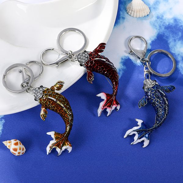 

easya 3 colors fish keychain cute enamel crystal carp keyring holder women bag accessories charm jewelry car key chain, Silver