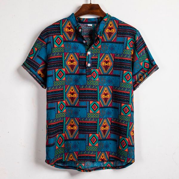

plus size 3xl men summer casual ethnic print short sleeve tee shirt stand collar blouse hawaiian shirt chemise homme, White;black