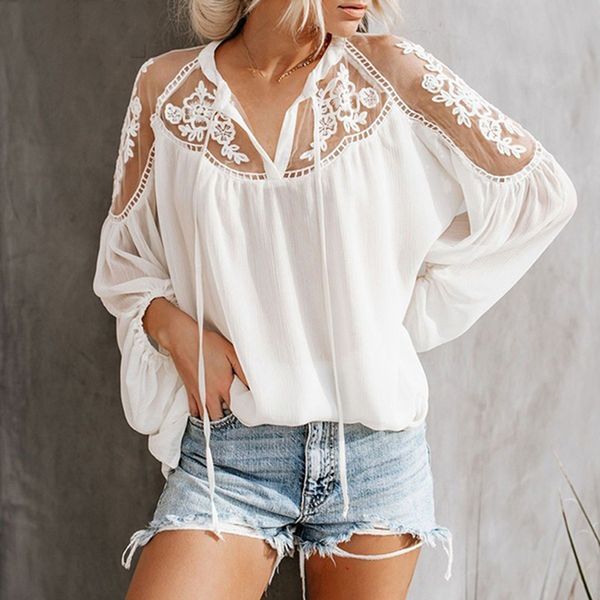 

women lace flower blouse vintage shirt v-neck long sleeve hollow out female tunic casual blouse plus size mujer, White