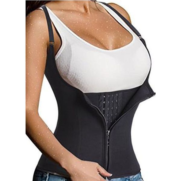 

black 6 steel boned neoprene waist cincher vest with zipper and hooks plus size thermal body shaper sweat underbust waist band, Black;white