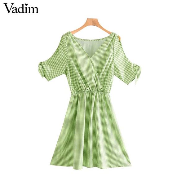 

vadim women sweet plaid print v neck mini dress bow tie short sleeve elastic waist summer chic a line dresses vestidos qc045, Black;gray