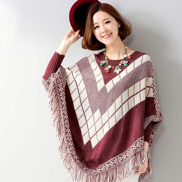 

autumn and winter new korean lingge fringed bat sleeve knit sweater coat shawl cloak women, Black