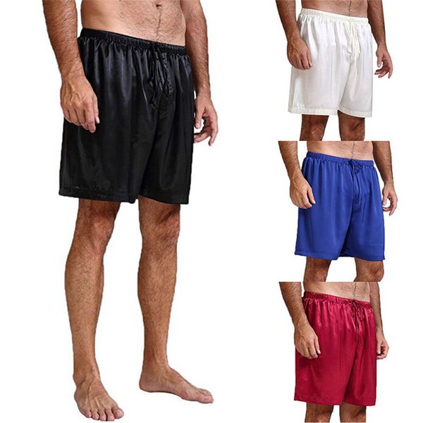 

casual men satin pajamas pyjamas shorts soft men solid elastic waist sleep bottoms lace-up sleepwear shorts summer clothes, Black;brown