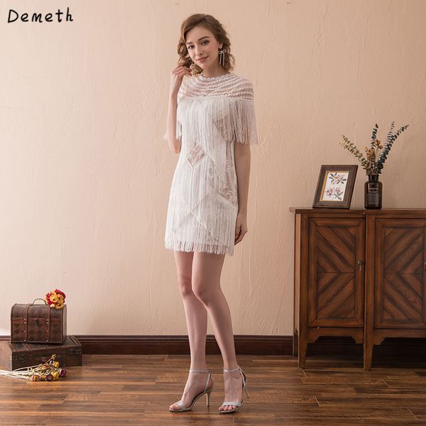 

demeth o neck tassels prom dresses short cap sleeve cocktail dress real ps beach vestidos de gala, White;black