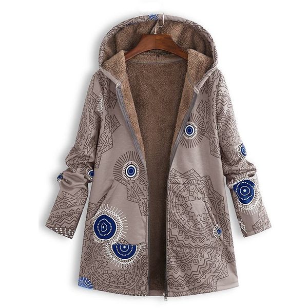 

vintage floral printed loose coats 2019 winter hooded fleece jackets women zipper long sleeve coat outwear female plus size, Black;brown