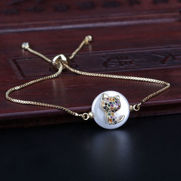 

rainbow mix cz paved tiny cute cat pet on flat round pearl connector charm gold dainty link bracelet for woman monther jewelry, Golden;silver