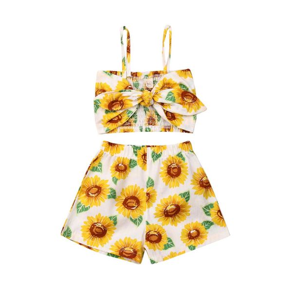 

kids baby girl summer casual sunflower sling sleeveless short pants set outifts girls clothes, White