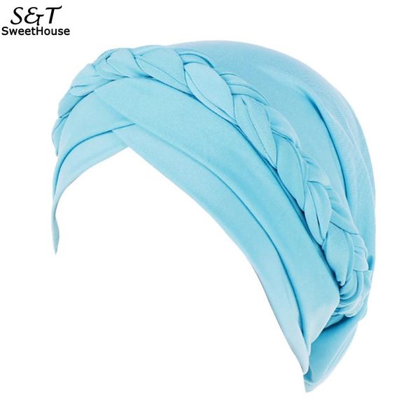 

women casual solid braid wrap hat warm hat 58cm/22.8inch, Blue;gray