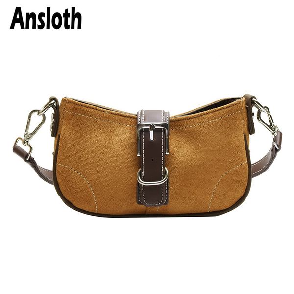 

ansloth panelled baguette bags women bags canvas shoulder lady hit color baguette handbags female fashion hand hps758