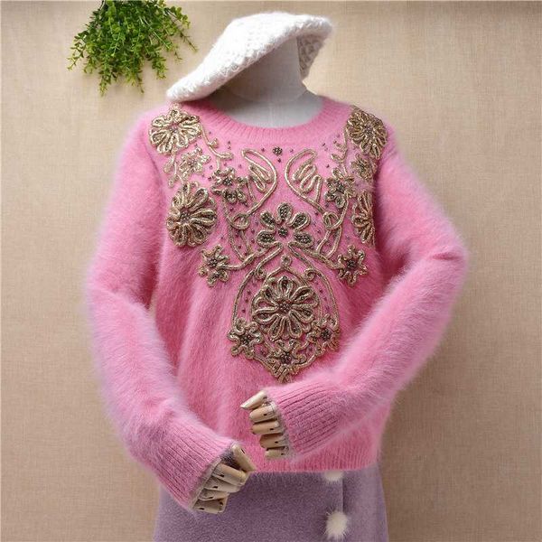 

ladies women fashion golden needles crochet beading mink cashmere o-neck loose pullover angora hair knit jumper sweater, White;black