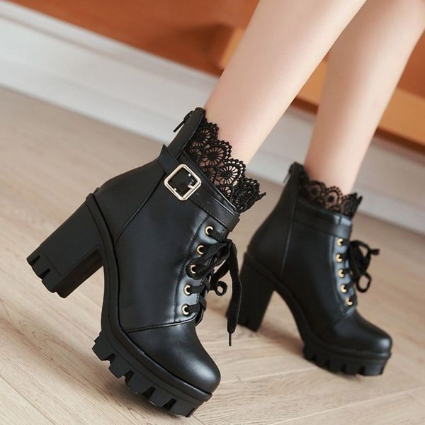 

women's motorcycle boots leather winter martin boot 2019 stylish lady lace ankle shoes high heel platforms botas buckle mx200324, Black