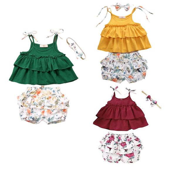 

dropshipping 2pcs floral summer clothes set kid baby girl clothes ruffle t-shirt tutu short pants outfit set 3 color, White