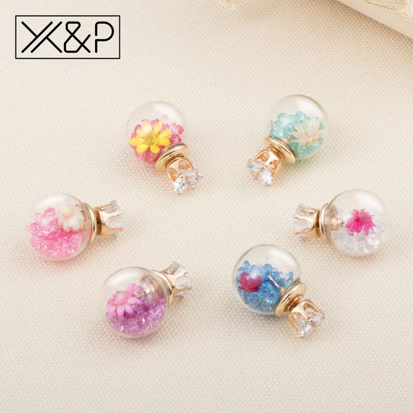 

x&p 2019 fashion girl series crystal stud earrings for women glass ball flower colorful cubic zirconia small earrings jewelry, Golden;silver