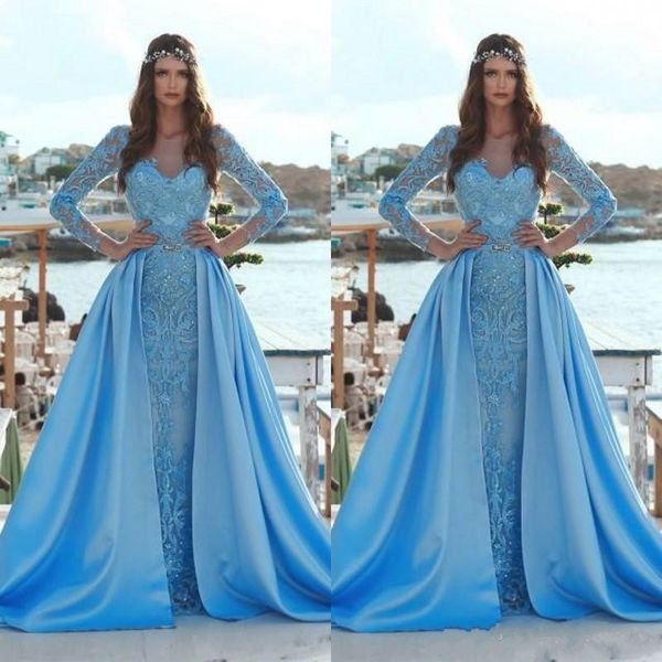 

arabic 2019 vintage blue mermaid prom dresses with detachable train long sleeve 3d floral appliques sequin formal evening gowns custom made, Black