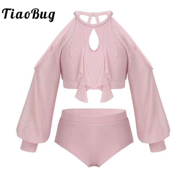 

tiaobug kids two-piece dancewear long sleeve crop with briefs set girls ballet gymnastics outfit stage performance costume, Black;red
