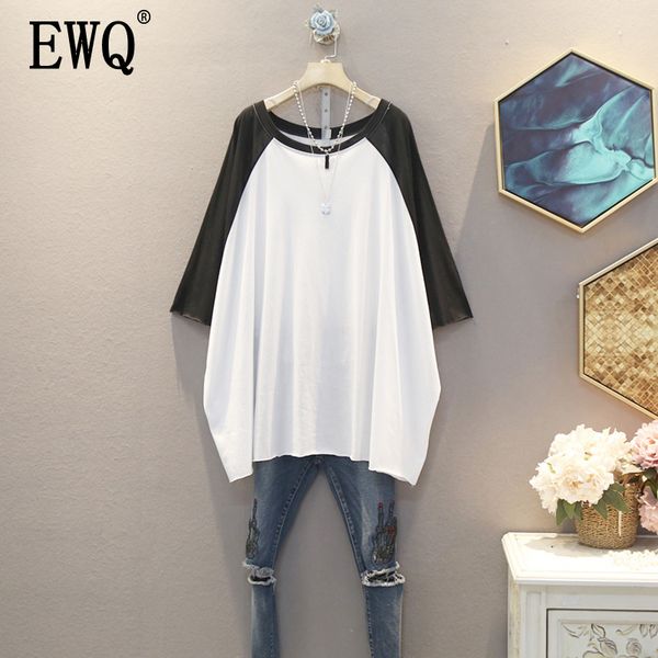 

ewq] 2020 spring summer new arrivals o-neck half sleeve solid pattern patchwork women casual loose was thin t-shirt ay71900, White
