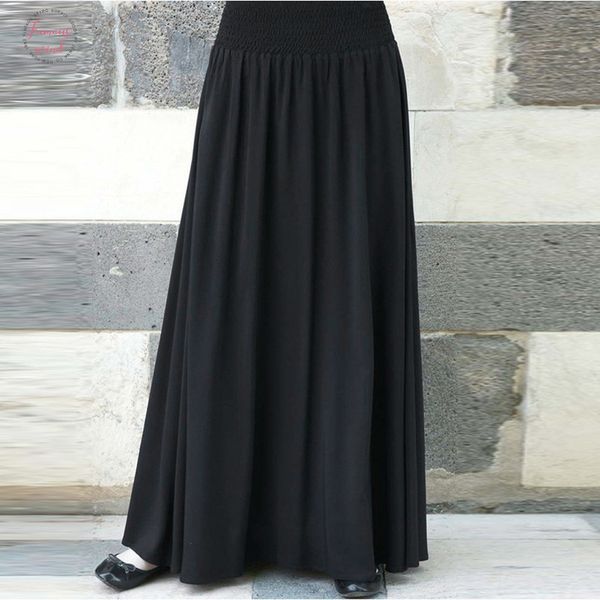 

2019 women long maxi pleated skirt high waist elascity casual party skirt solid color plus size loose long skirts for women, Black