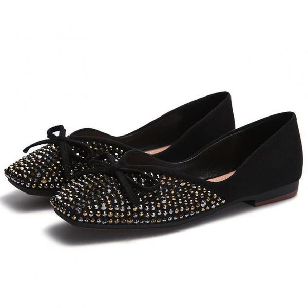 

woman moccasins bow rhinestone suede boat shoes square toe slip on crystal loafers flat ballerina shoes women black ballet flats
