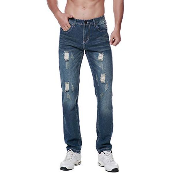 

previn men's ripped denim jeans distressed destroyed slim holes vintage biker straight pants, Blue