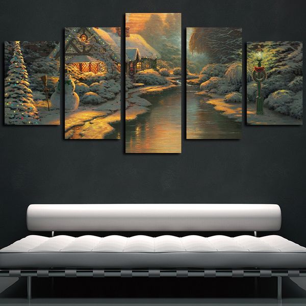 

5 panels christmas river landscape artworks giclee canvas wall art abstract poster hd canvas print oil painting wall decor