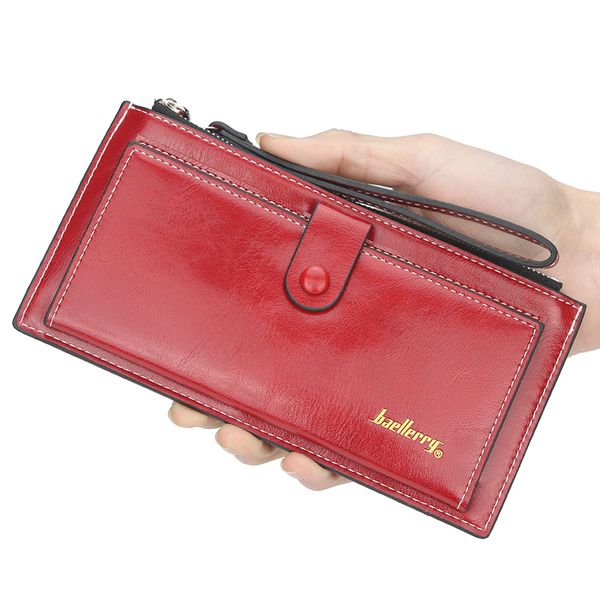 

women's wallet korean version of the oil wax buckle bright leather wallet long paragraph simple multi-card female card package, Red;black